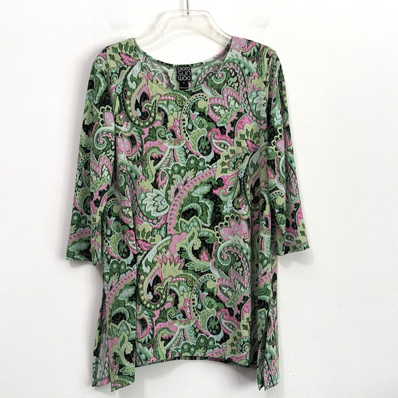 Clara Sun Woo Tunic Top S Green Paisley Side Slit 3/4 Sleeve Pullover Spring - Picture 1 of 10